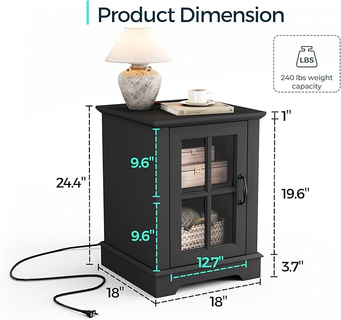 LINSY HOME End Table with Charging Station, Modern Side Table with Storage Cabinet and Adjustable Shelf, Small Sofa Table for Living Room, Home Office, Black