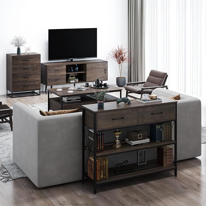 HITHOS Industrial Console Table with Drawers, Vintage Hallway Foyer Table with Storage Shelves, Narrow Long Sofa Entryway Table for Living Room, Dark Brown