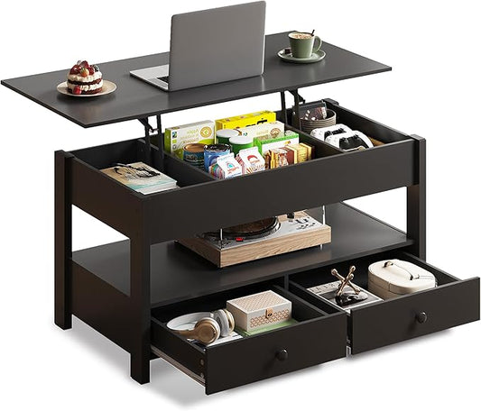 WLIVE Coffee Table, Lift Top Coffee Table with 2 Drawers, Large Hidden Hidden Compartment and Open Shelf, Lift Tabletop, Dining Table for Living Room, Black