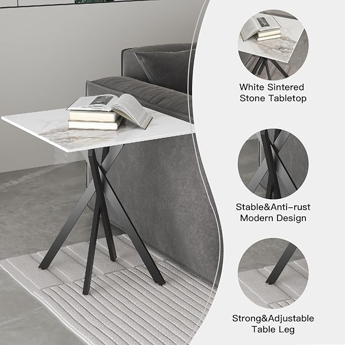 White Marble Side Coffee Table with Metal Legs, Samll Sintered Stone Square Modern End Table for Living Room Sofa Table Home Bed Office (1 Piece, 20"×20"×22")