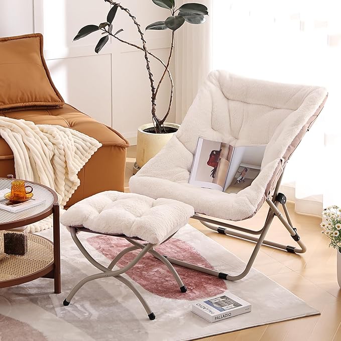 Comfy Folded Chair with Ottoman, Oversized Folding Faux Fur Chair Soft Furry Lounge Lazy Chair with Metal Frame Moon Chair Accent Chair for Bedroom, Living Room, Dorm Rooms