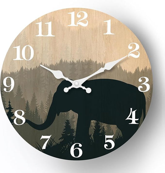 XFM Elephant Wall Clock 12 Inch Silent Wall Clocks Battery Operated Farmhouse Wooden Clock Decorative for Kitchen Living Room Bedroom Bathroom