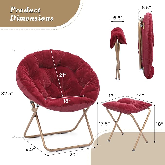 Athena Collection Saucer Chair with Ottoman Comfy Chair for Bed Room Living Room Folding Round Cozy Chair Faux Fur Metal Frame Foldable Lazy Chair Accent Chair Reading Chair, Red, Burgundy