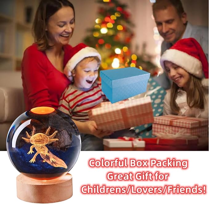 Axolotl Crystal Ball Lamp with LED Wooden Base, 16 Colors Change & Remote Control Crystal Ball Night Light, Upgraded 3.15 Inch Glass Light, Gift for Kids Wife Girlfriend (Axolotl)