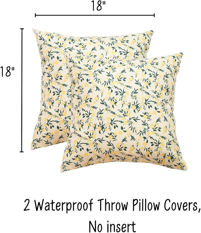 Mantle & Mason Floral Outdoor Pillows Waterproof for Patio Furniture 18x18 Set of 2 Yellow Decorative Pillow Covers for Couch Porch Chair Bench Reversable Cottage Farmhouse Pillow Cases