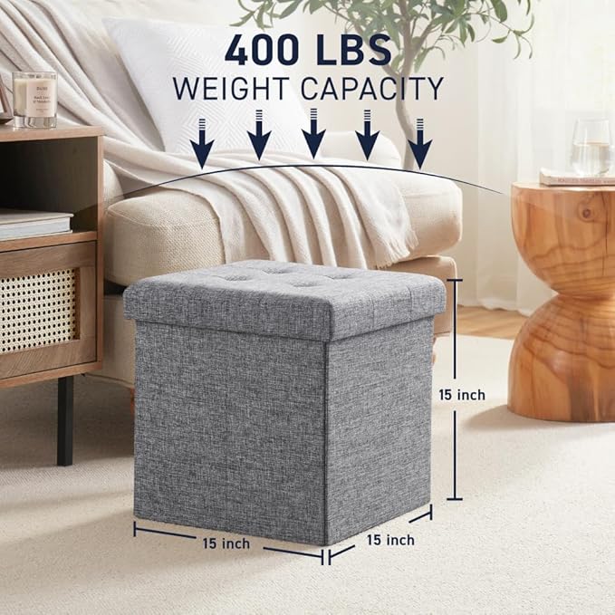 Ornavo Home Foldable Tufted Linen Storage Ottoman Square Cube Foot Rest Stool/Seat - 15" x 15" x 15" (Grey)