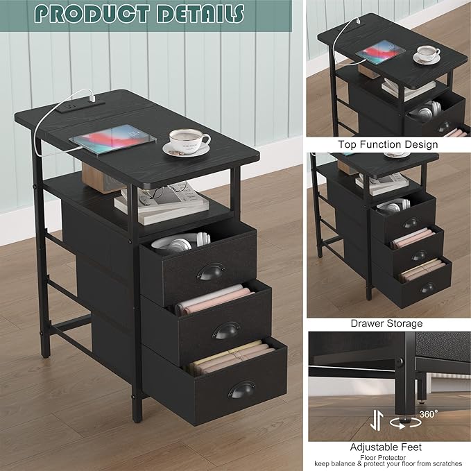 End Table with Charging Station, Side Tables Livingroom with USB Ports and Outlets,Narrow Nightstands Bedside Tables with 3 Drawers PU Finish for Small Space,Slim Sofa Table Bedroom,Black
