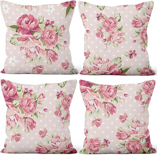Flower Throw Pillow Covers 16''x16'' Set of 4, Romantic Spring Blooming Pink Roses Floral Couch Cushion Cases for Chair Sofa Bed Living Room Garden Car Indoor Outdoor Home Decorative