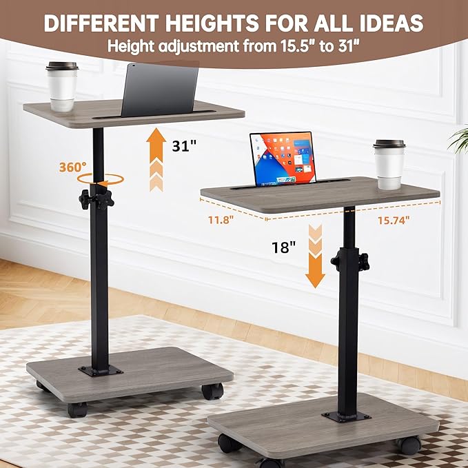Aoligrace C Table End Table Adjustable Height, 360°Swivel TV Tray Table with Wheels, Small Side Table for Couch C Shaped End Table for Living Room Bedroom Small Spaces (Grey)
