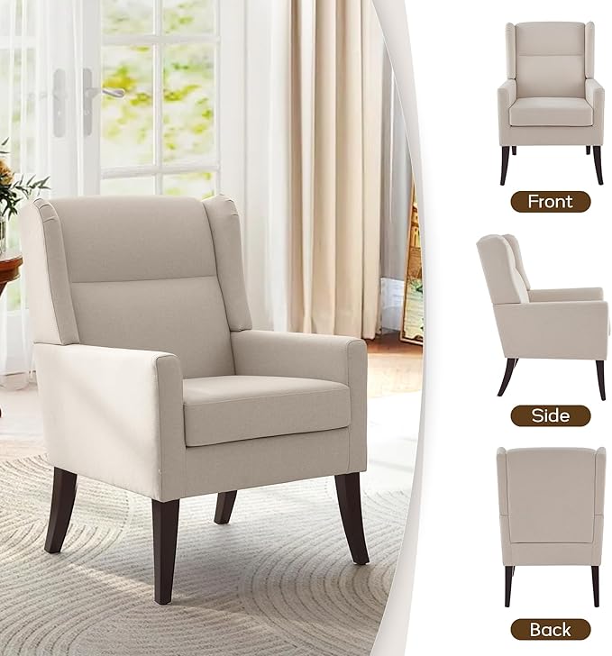 High Back Living Room Chairs, Fabric Accent Chair, Comfy Upholstered Armchair with Wooden Legs for Living Room, Bedroom, Apartment (1, Beige)
