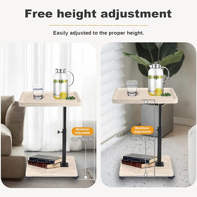 Side Table TV Tray for Couch,Height Adjustable C Shaped End Table for Small Spaces,Bedside Bathroom Living Room (Creamy White)