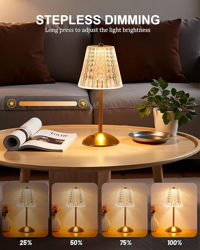 Cordless Touch Table Lamp, 3500mAh LED Rechargeable Small Dask Lamp, 3 Colors Dimmable Battery Operated Crysta Lamp for Bedroom Restaurant Kitchen Home Decor, Gold, 2pcs