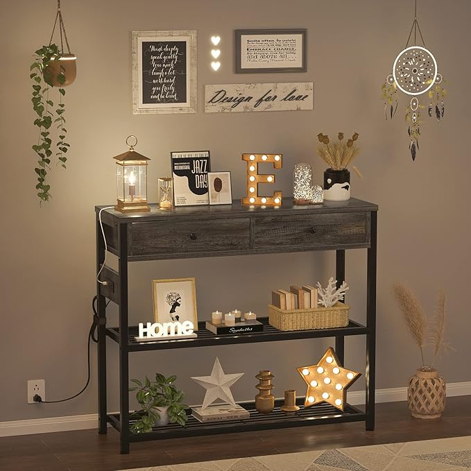 Ecoprsio Entryway Table with Outlets and USB Ports, Small Console Table with 2 Drawers, Sofa Table with Storage Shelves for Living Room, Couch, Hallway, Foyer, Kitchen Counter, 32'', Grey Oak