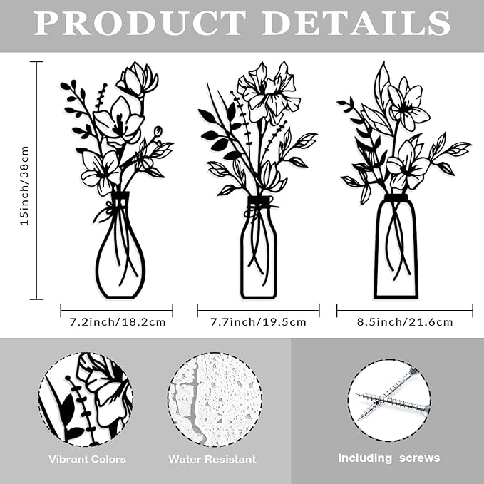 ARTINME 3 Pieces Metal Flowers Wall Arts - Rustic Farmhouse Decor Minimalist Flower Wall Decors for Living room Bathroom Kitchen Bedroom Dining Room - Housewarming Gifts (Black)