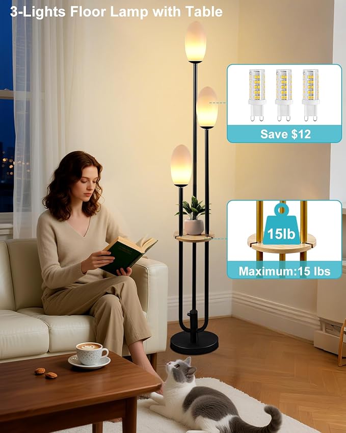 Lightdot Black Dimmable Floor Lamp with Table, 63IN Mid-Century Oval Floor Lamps with 3000K Soft Warm White Bulbs, 3-Lights Candle Holder Style Modern Tall Standing Lamp for Living Room