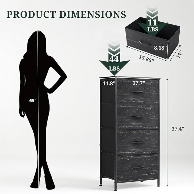 Nightstand, 4 Drawer Dresser End Table Bedside Furniture with Wooden Top Steel Frame Fabric Bins for Bedroom, Closet, Entryway, Dorm, Living Room, Charcoal Black