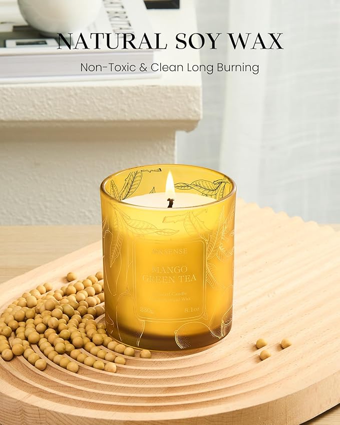 M&SENSE Tea Scented Candles, Vegan Soy Wax, Naturally Scented Mango Green Tea No Toxin 8.1oz Long Lasting 42-Hour Burn Time Relaxing, Aromatherapy, Meditation Candles for Home