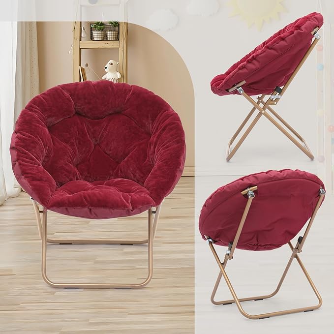 Athena Collection Saucer Chair with Ottoman - Modern Red Faux Fur Foldable Accent Chair - Comfortable for Bedroom, Living Room, Gaming, Reading - 300 lbs Weight Capacity