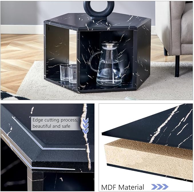 Side Table, Geometric End Table with Storage, Black Hexagon Table for Books, Decor & Drinks, Bedside Table for Small Spaces, No Assembly Required - Ready to Use