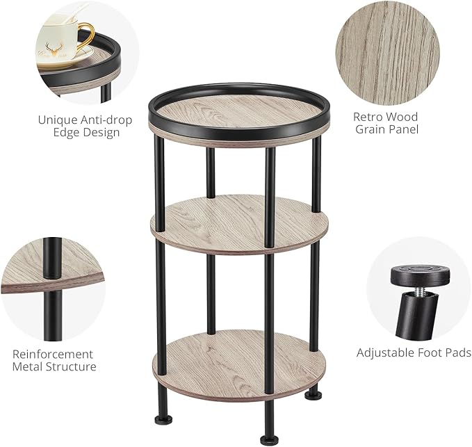 Small Round Side Table, Oak Round End Table for Living Room & Bedroom, Modern 3-Tier Nightstand with Storage Shelf, 11.8" Narrow Accent Table for Small Spaces, Nursery, Plant Stand,Natural Wood Finish