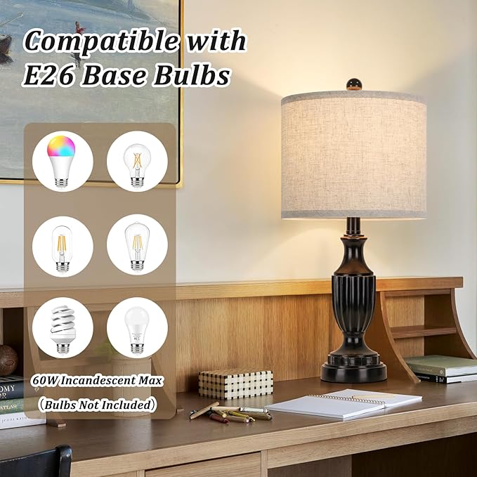 TOBUSA Farmhouse Living Room Table Lamps Set of 2, Matte Black Rustic Vintage Table Lamps for Bedroom Nightstand, Antique Bedside Desk Lamps with Linen Shade, 22’’ Small Resin Lamp Sets for End Table