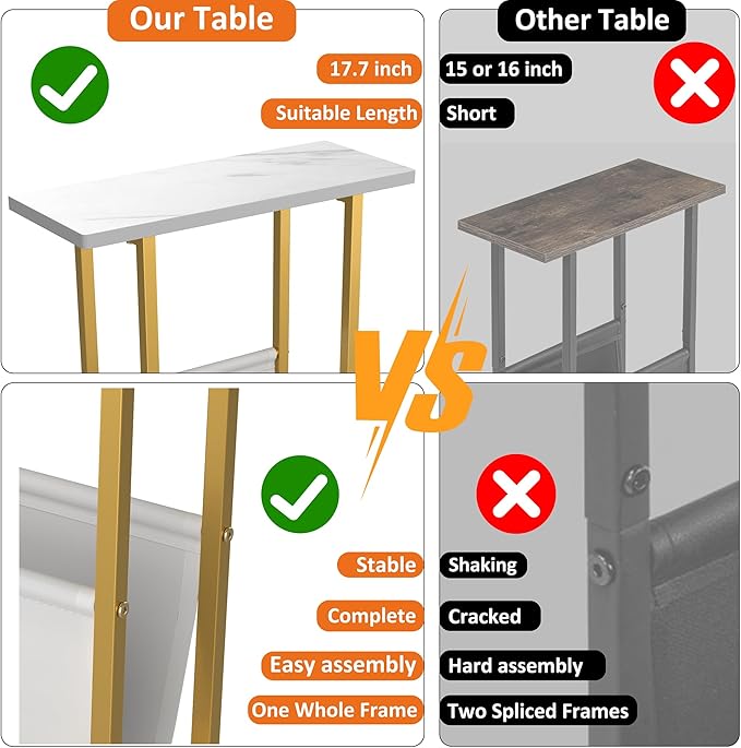 Yusong Small Narrow Side Table for Small Spaces, 17.7" W Slim End Table Magazine Table Nighstand with Storage Holder, Accent Skinny Snack Couch Bedside Table, Gold White, Complete Iron Pipes