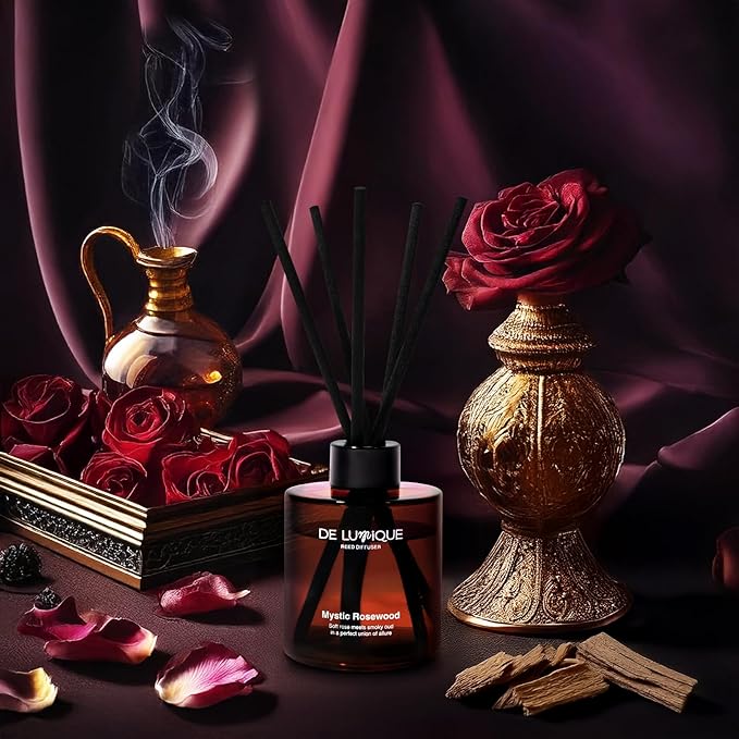 Mystic Rosewood Reed Diffuser for Bathroom – Bathroom Diffuser with Sticks – Long-Lasting Scent with Oud, Damask Rose & Saffron Home Fragrance Decor – 150ml