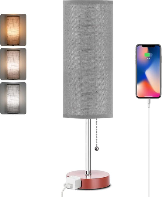 Dott Arts 18" Table Lamp for Bedroom, 3-Color Bedside Lamps with Pull Chain, Bedroom Table Lamps for Nightstand,AC Outlet Small Lamp for Living Room, Bulb Included Grey