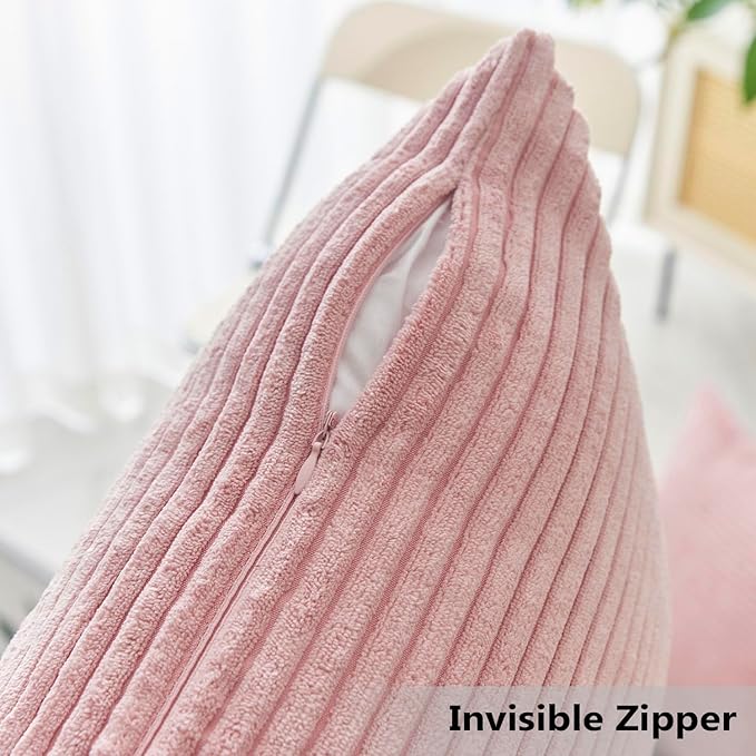 Home Brilliant Throw Pillow Covers Pink Couch Pillow Covers 18x18 Decoration Supersoft Striped Velvet Corduroy Decorative Pillowcases for Bedroom Girls Gift, 18 x 18 inch, Baby Pink