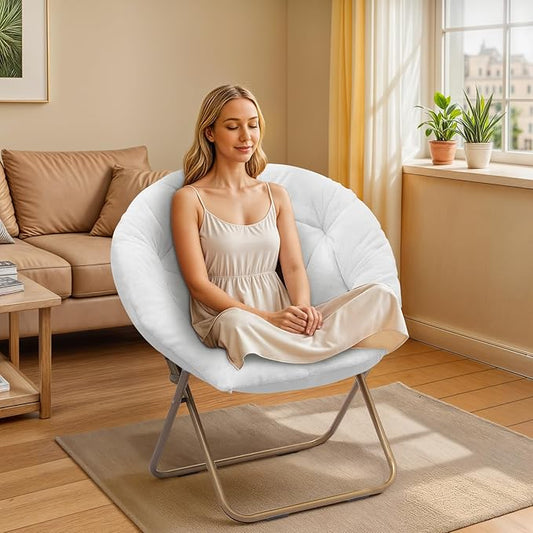 Athena Collection Comfy Saucer Chair Folding Cozy Chair for Bed Room Living Room Accent Chair Faux Fur Reading Chair Foldable Metal Frame Lazy Chair Moon Chair for Adult Set of 2, White