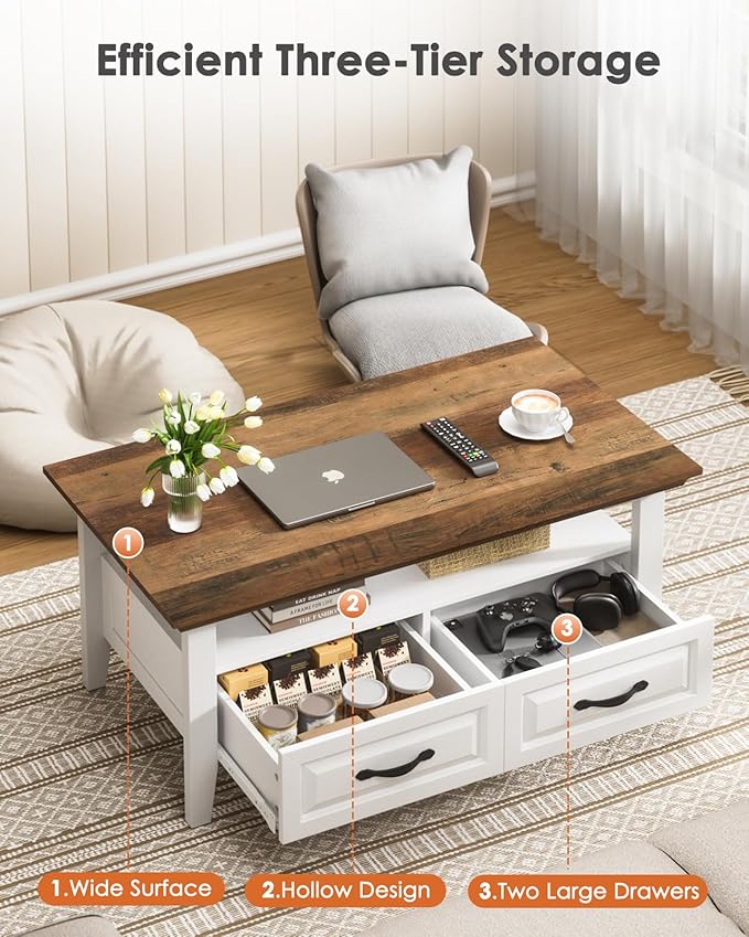 Amada Coffee Table for Living Room, 39.4" Small Coffee Table with Storage, Open Display Shelf and Hidden Drawers, Farmhouse Wood Center Table Ideal for Home Office, White and Oak