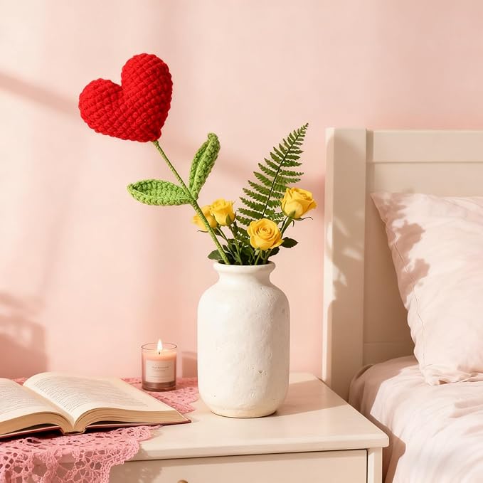 Hand-Crocheted Heart Flower Doll Bouquet - DIY Knitted Desk Decor, Romantic Gift for Girlfriend Valentine's Birthday Anniversary, Home Office Decoration