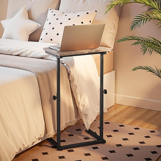 HOOBRO C Shaped End Table, Adjustable Height Side Table for Sofa, Couch Table for Small Space, Slide Under Small Tray Side Table for Living Room, Bedroom, Greige and Black BG71SF01