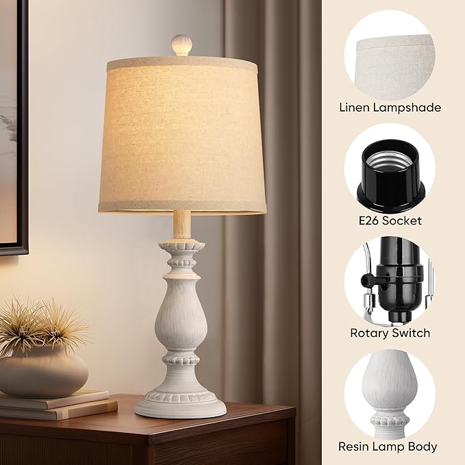 QiMH Farmhouse Table Lamp Set of 2, Rustic Table Lamps for Living Room, Vintage Nightstand Lamp with Rotary Switch, Beside Lamps for Bedroom, Traditional Table Lamps with Linen Shade, Antique White