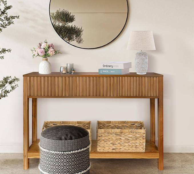 Long Console Table with Storage, Fluted Entryway Slim Sofa Table Behind Couch Entry Tables, Narrow Wood Hallway Modern Living Room Couch Foyer Entrance Tables Brown