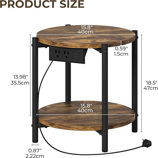 LIKIMIO Round End Tables, Set of 2, 16" W Small Round Side Tables with Charging Station, 2-Tier Modern Nightstands for Small Spaces, Living Room, Bedroom, Rustic Brown