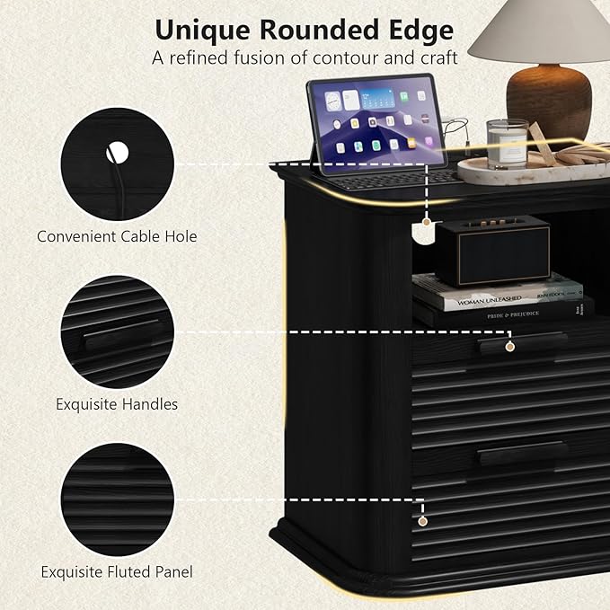 22'' Fluted Nightstand with Charging Station Set of 2, Modern End Table with 2 Drawers and Open Storage, Wood Night Stand with Round Corner, Side Table for Bedroom, Living Room, Curved Profile,Black