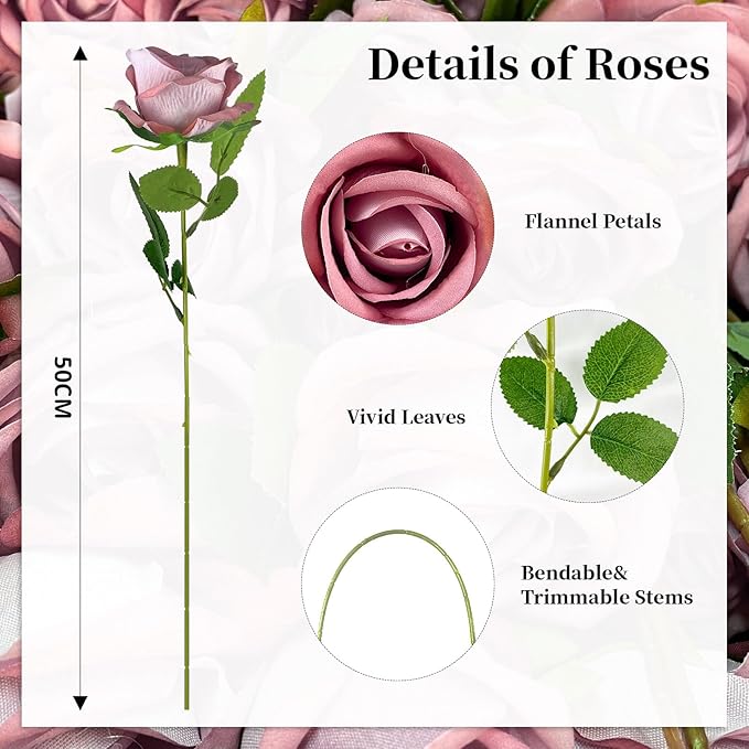 10 PCS Artificial Roses with Long Stems Silk Flowers Realistic Foam Flowers Fake Roses for Valentine's Day Home Wedding Halloween Decor(Dim Pink)