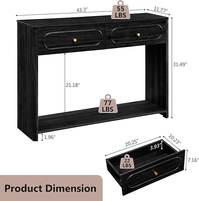 Fluted Console Table with Drawers, Mid-Century Narrow Entryway Table with Open Storage Shelves, Hallway Accent Tables Behind Couch Tables for Living Room (Black)