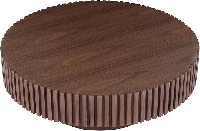 Round Coffee Table, Modern Wooden Coffee Table for Living Room, Farmhouse Circle Center Table, Drum Fluted Accent Tea End Table for Living Room, Apartment Small Space (35" Walnut)