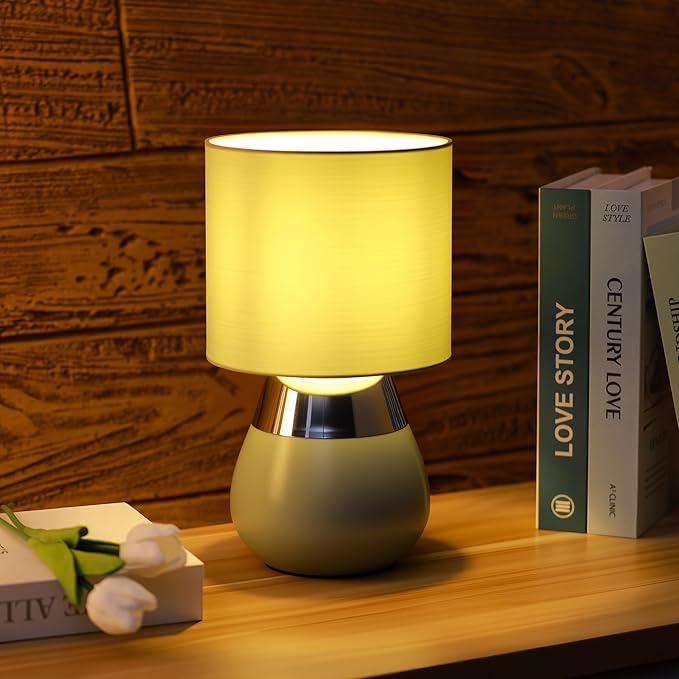 Small Modern Touch Eye Protection Bedside Table Lamp, 7 x 7 x 12 Inch Light Green Metal Base Table Lamp for Bedrooms and Office (Light Green Fabric Lampshade)