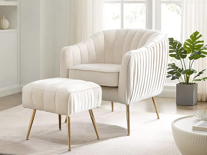 Velvet Accent Chair with Ottoman, Living Room Bedroom Chair Set, Modern Barrel Arm Chair and Ottoman Set, Golden Finished, Beige