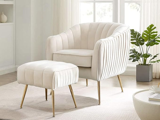 Velvet Accent Chair with Ottoman, Living Room Bedroom Chair Set, Modern Barrel Arm Chair and Ottoman Set, Golden Finished, Beige