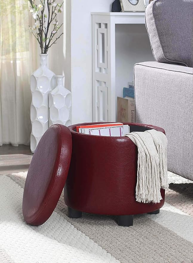 Convenience Concepts Designs4Comfort Round Accent Storage Ottoman in Burgundy Red Faux Leather Finish