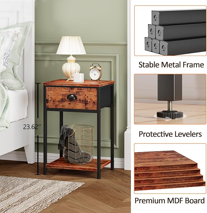 Furologee Nightstands Set of 2, Night Stand with Fabric Drawer and Storage Shelf, Retro Bedside Sofa Tables for Small Place, End Side Tables Living Room Bedroom, Rustic Brown