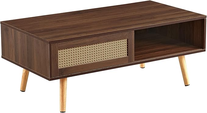 IANIYA Boho Coffee Table with Storage, Dining Table with Rattan Drawer and Solid Wood Legs, Small Center Tables for Living Room Small Space (Brown)