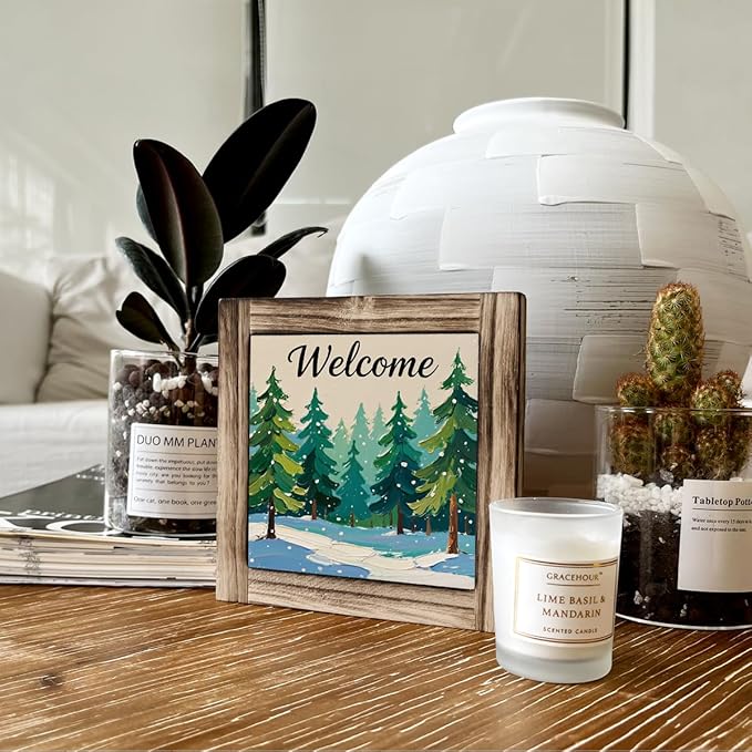 Christmas Trees Wood Sign, Welcome Wooden Box Sign, Front Door Decors for Shelves, Entryway Decor for Home, Modern Farmhouse Home Office Decor, Decorative Wooden Box Plaque