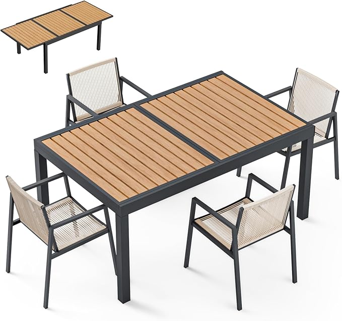ZANDOR Expandable Outdoor Dining Set for 4-6-8,Patio Table and Chairs Set with Wood Top for Garden,Backyard,Porch,55"-82.7" Extendable Aluminum Outdoor Table Set with 4 Chairs,Grey