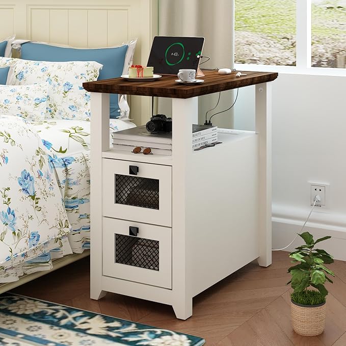 Farmhouse XXL End Table with Charging Station, Narrow Side Table with USB Ports and Outlets, Nightstand with 2 Drawers Storage, Bedside Tables for Living Room, Bedroom, Rustic Walnut White