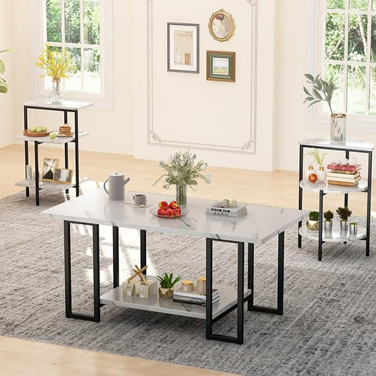 AWQM Faux Marble Table Set,Coffee Table & 2 Side Table, Faux Marble Tabletop and Metal Frame, 3 Piece Table Sets, for Living Room Apartment,White & Black